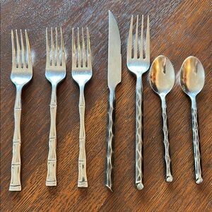 7 mixed unique cutlery pieces. 4 distressed, nice heavy weight/ 3 silver bamboo